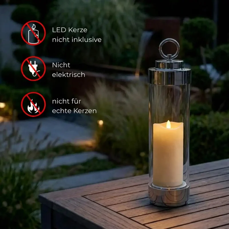 Gartenlaterne hängend – Sompex Elle – Chrom & klares Glas – 130 cm Stab – für LED Kerzen