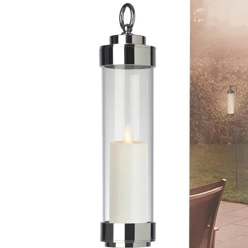 Gartenlaterne hängend – Sompex Elle – Chrom & klares Glas – 130 cm Stab – für LED Kerzen