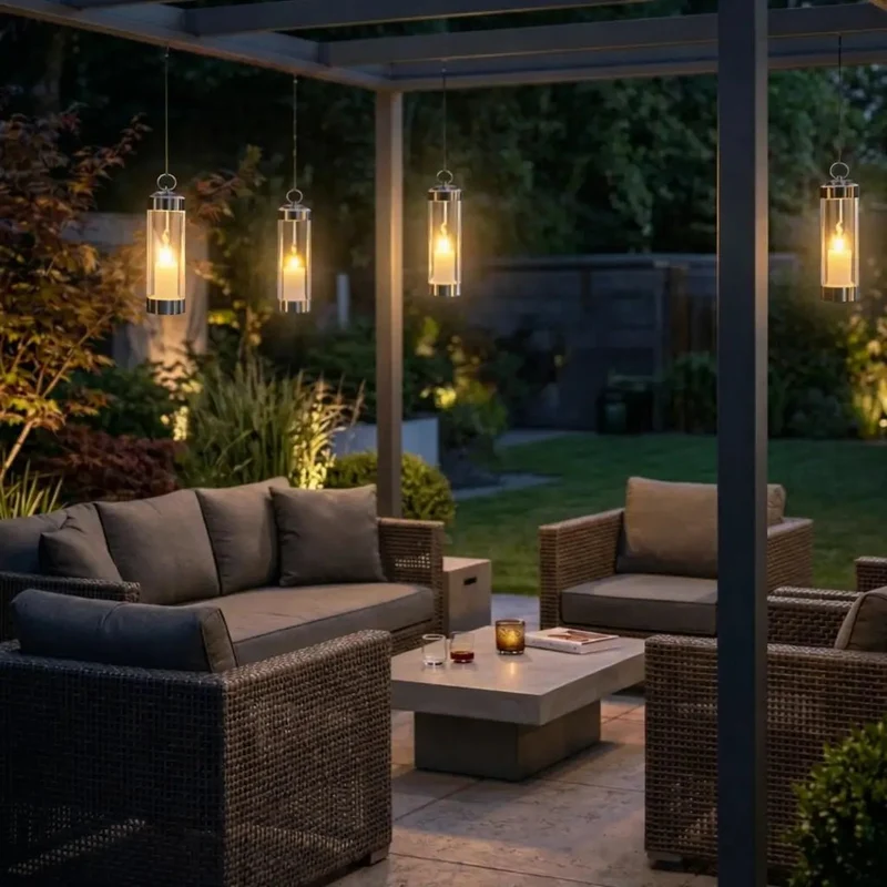 Gartenlaterne hängend – Sompex Elle – Chrom & klares Glas – 130 cm Stab – für LED Kerzen