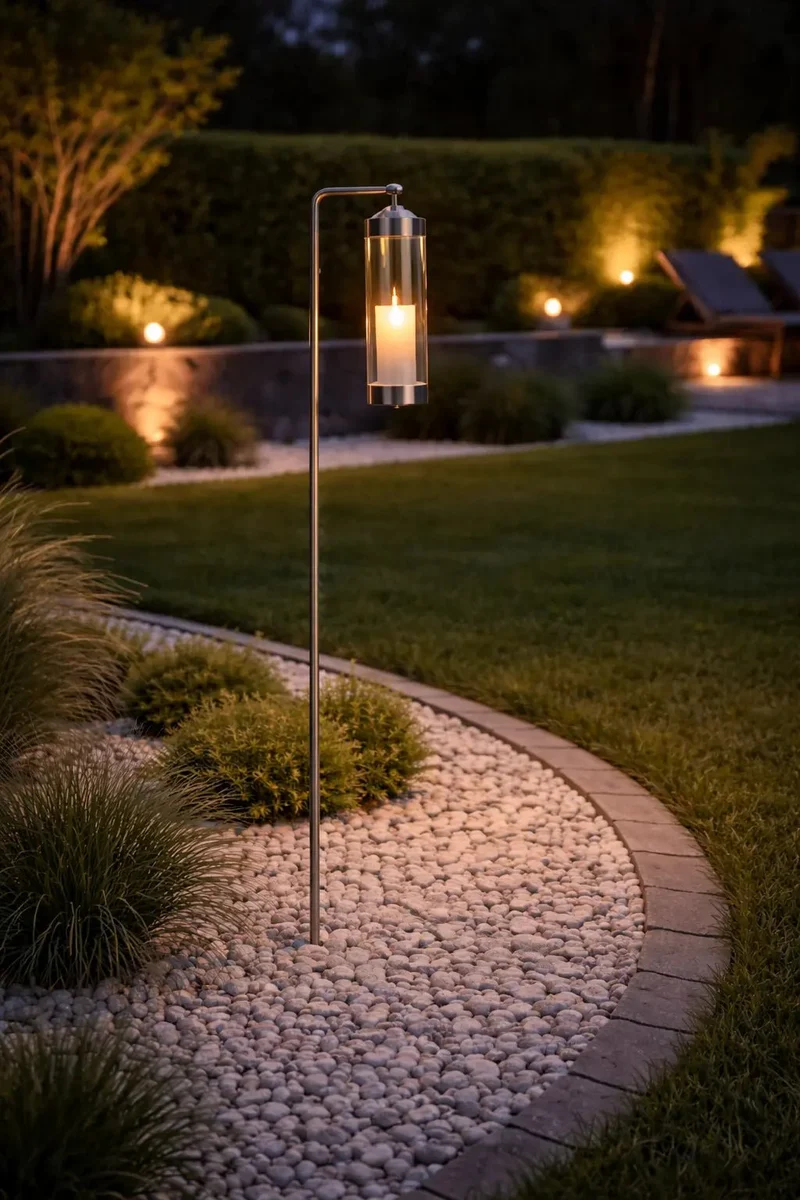 Gartenlaterne hängend – Sompex Elle – Chrom & klares Glas – 130 cm Stab – für LED Kerzen