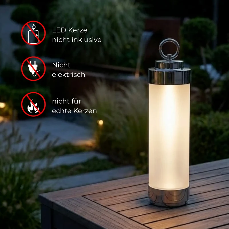 Gartenlaterne hängend – Sompex Elle – Chrom & gefrostetes Glas – 130 cm Stab – für LED Kerzen