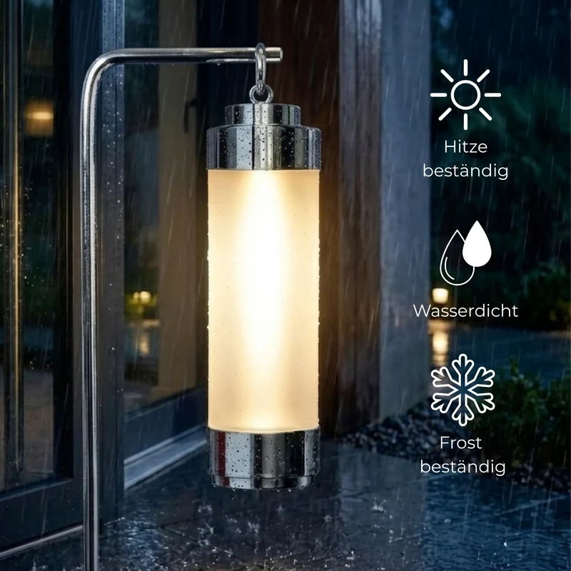 Gartenlaterne hängend – Sompex Elle – Chrom & gefrostetes Glas – 130 cm Stab – für LED Kerzen