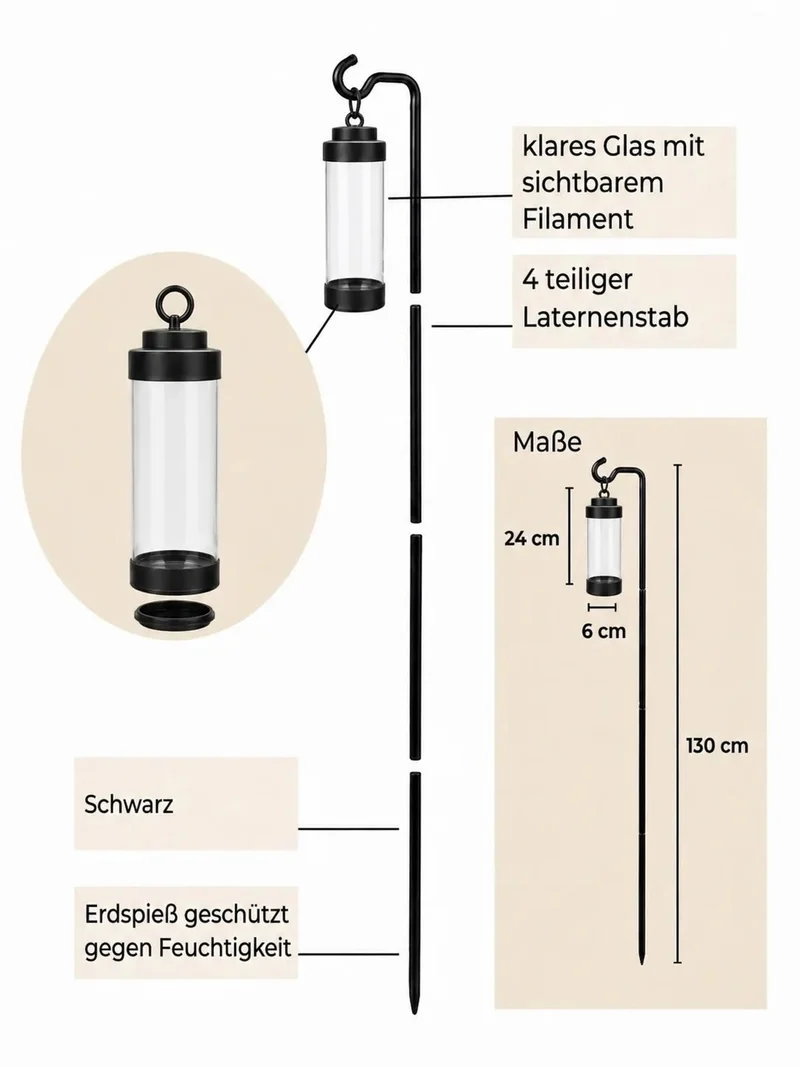 Gartenlaterne hängend – Sompex Elle – Schwarz & klares Glas – 130 cm Stab – für LED Kerzen