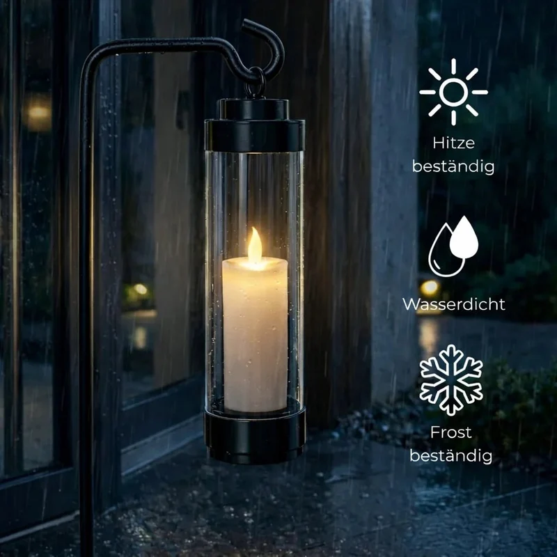 Gartenlaterne hängend – Sompex Elle – Schwarz & klares Glas – 130 cm Stab – für LED Kerzen