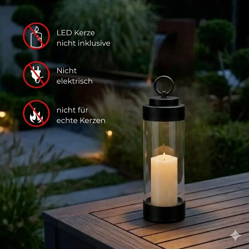 Gartenlaterne hängend – Sompex Elle – Schwarz & klares Glas – 130 cm Stab – für LED Kerzen