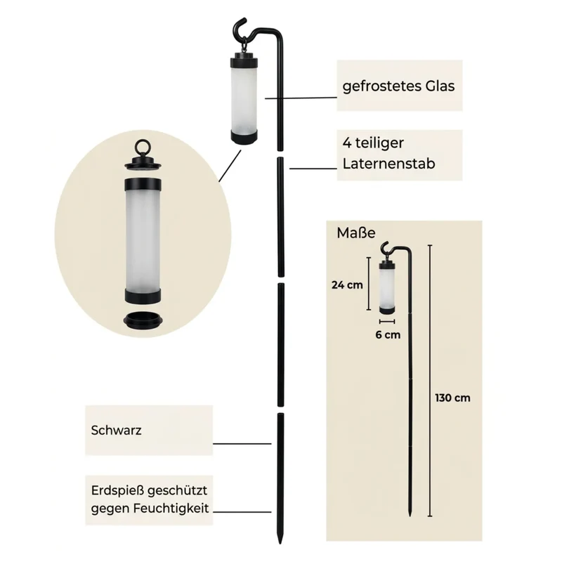 Gartenlaterne hängend – Sompex Elle – Schwarz & gefrostetes Glas – 130 cm Stab – für LED Kerzen