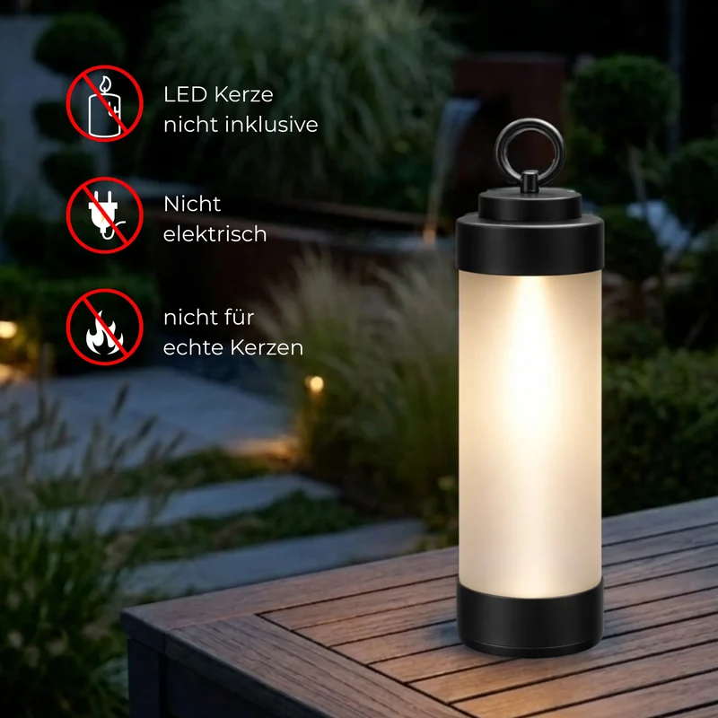 Gartenlaterne hängend – Sompex Elle – Schwarz & gefrostetes Glas – 130 cm Stab – für LED Kerzen