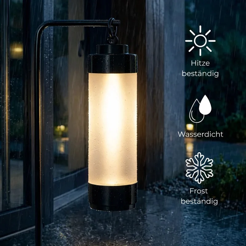 Gartenlaterne hängend – Sompex Elle – Schwarz & gefrostetes Glas – 130 cm Stab – für LED Kerzen
