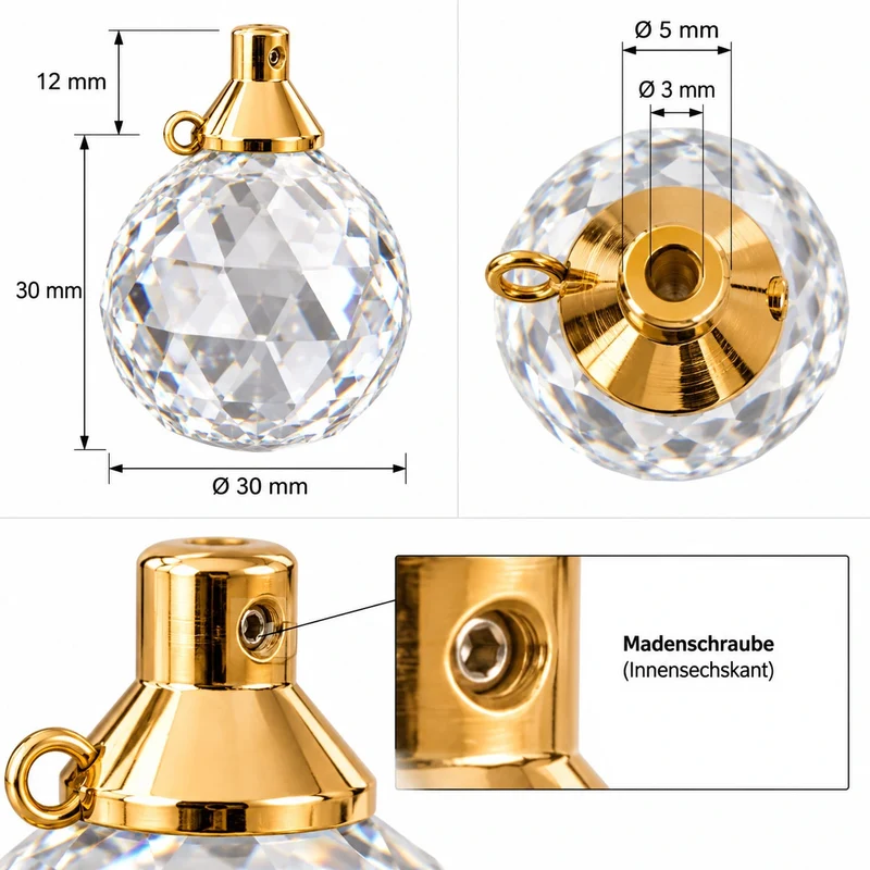 Kristallkugel 30 mm mit goldener Halterung – Kristallanhänger & Lüsterbehang für Kronleuchter