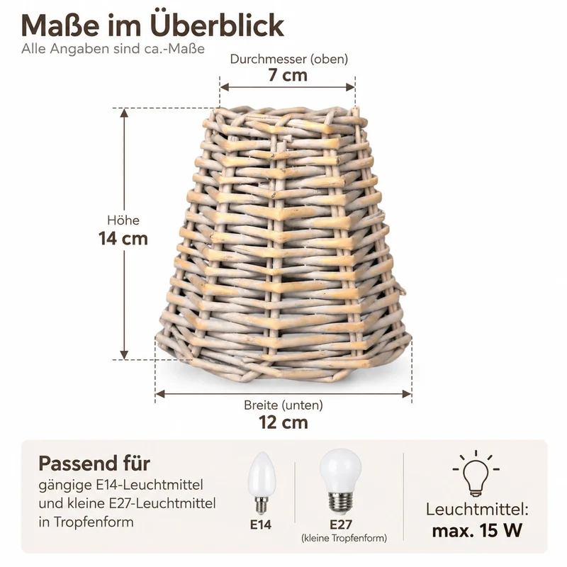 Klemm-Lampenschirm Rattan - Für E14 und kleine E27 Glühbirnen 14x7x12 cm | Light & Living
