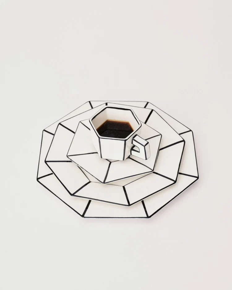 Tasse Espressotasse 2er Set weiß - schwarz mit Unterteller Carte Blanche SERAX