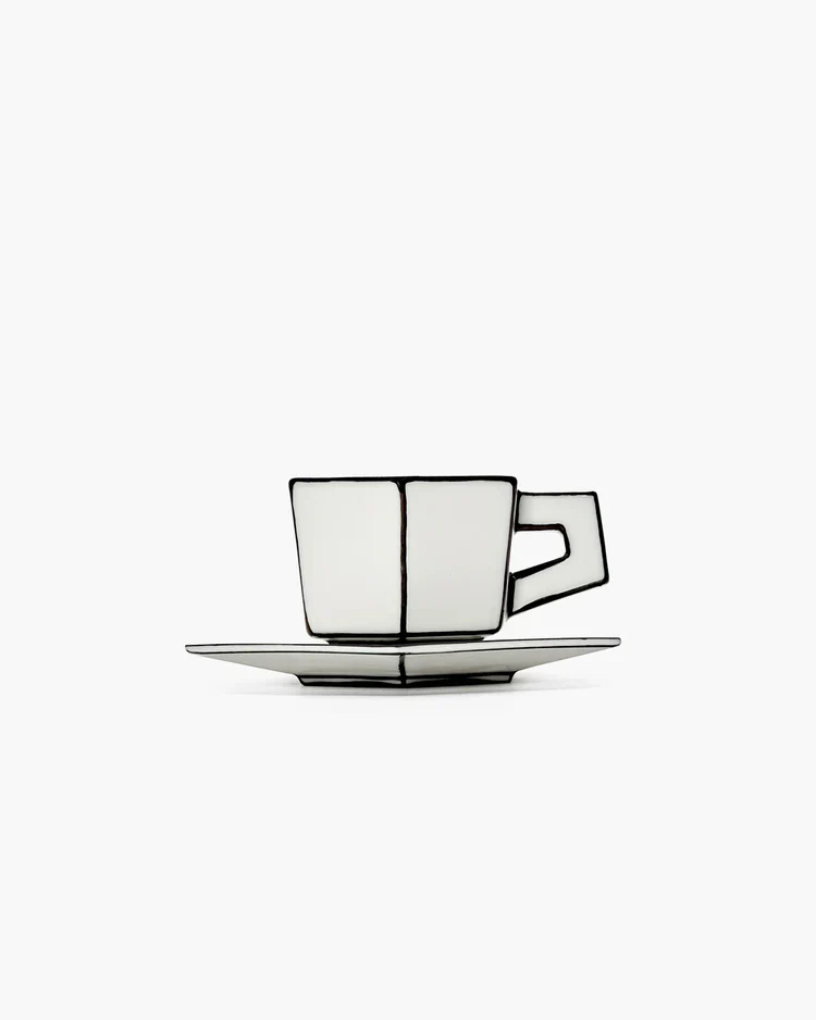 Tasse Espressotasse 2er Set weiß - schwarz mit Unterteller Carte Blanche SERAX