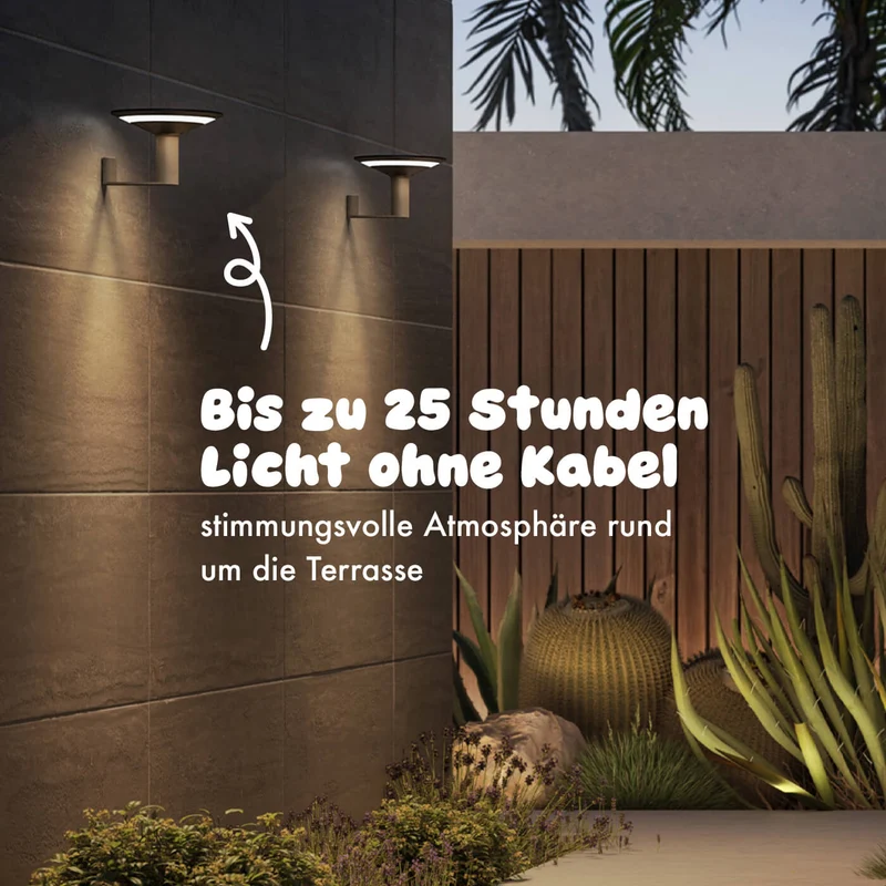 Klewe Keope Wall Akku-Solar-Wandleuchte für Balkon oder Terrasse