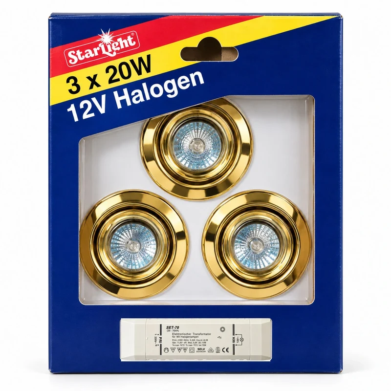3er Einbaustrahler Gold schwenkbar dimmbar Ø 65mm – MR16 GU5.3 12V 20W inkl. Trafo