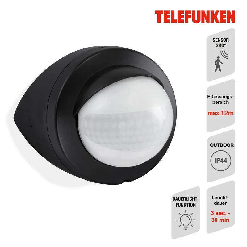 Bewegungsmelder für außen schwarz Reichweite 12m 200° Eckmontage IP44