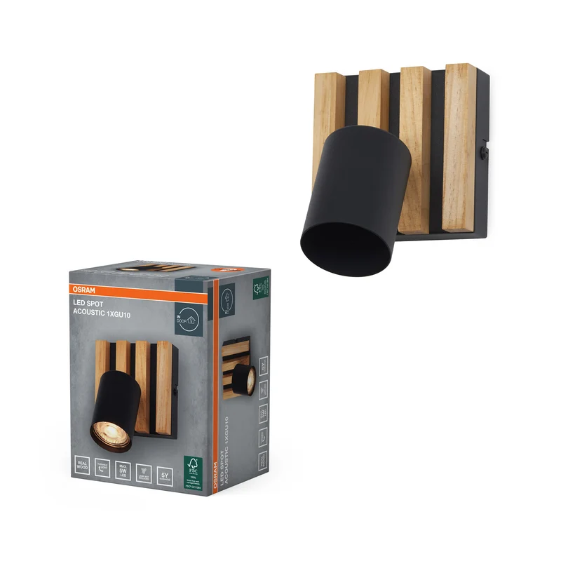 OSRAM LED Spot Acoustic Schwarz/Holzdekor, Stahl und Kiefernholz, 220-240 V, GU10, Klemmanschluss, 3-polig (L, N, PE)