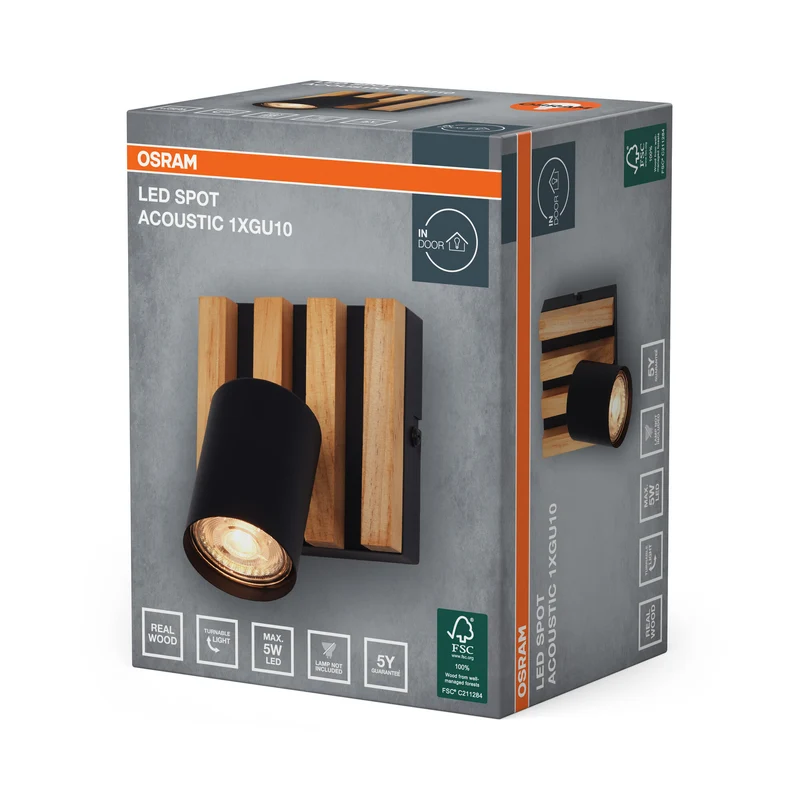 OSRAM LED Spot Acoustic Schwarz/Holzdekor, Stahl und Kiefernholz, 220-240 V, GU10, Klemmanschluss, 3-polig (L, N, PE)