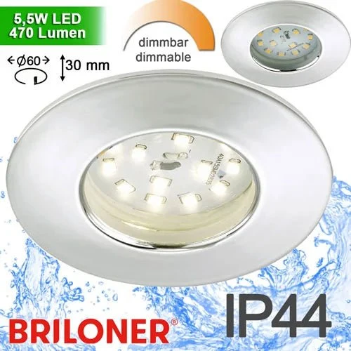 LED Einbaustrahler Ø 60 mm – dimmbar, IP44, ultraflach, 230 V, Chrom, warmweiß 3000 K