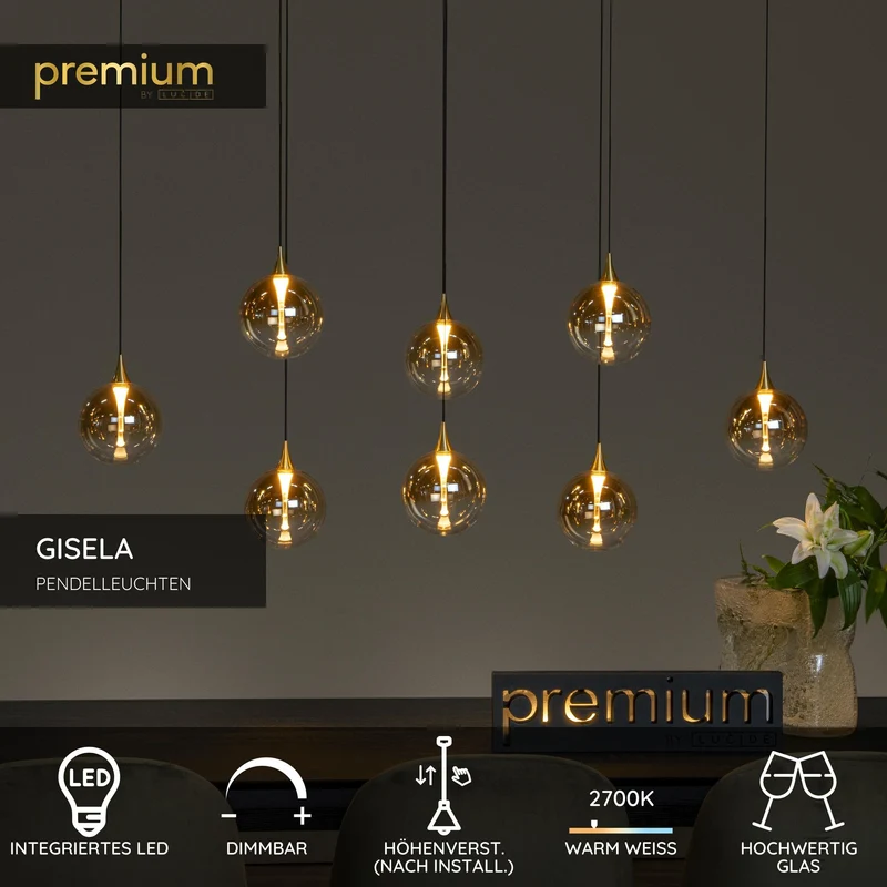 LED-Pendelleuchte Gisela 8-flammig dimmbar Glas Amber 140cm