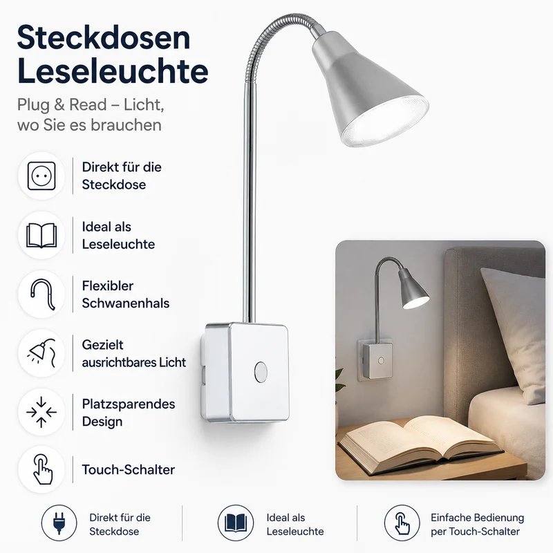 Steckdosenleuchte Nera LED mit Schwanenhals und Touch Funktion