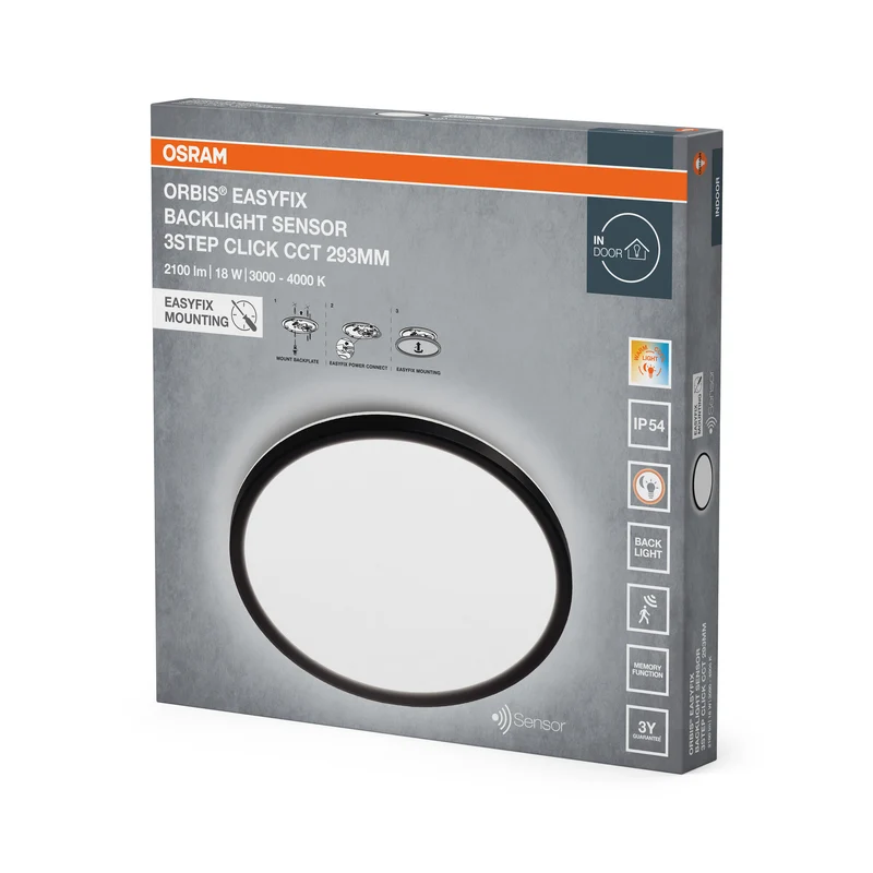 OSRAM ORBIS EASYFIX LED Backlight Deckenleuchte 29,3cm 18W 3Step Click CCT Sensor IP54, schwarz