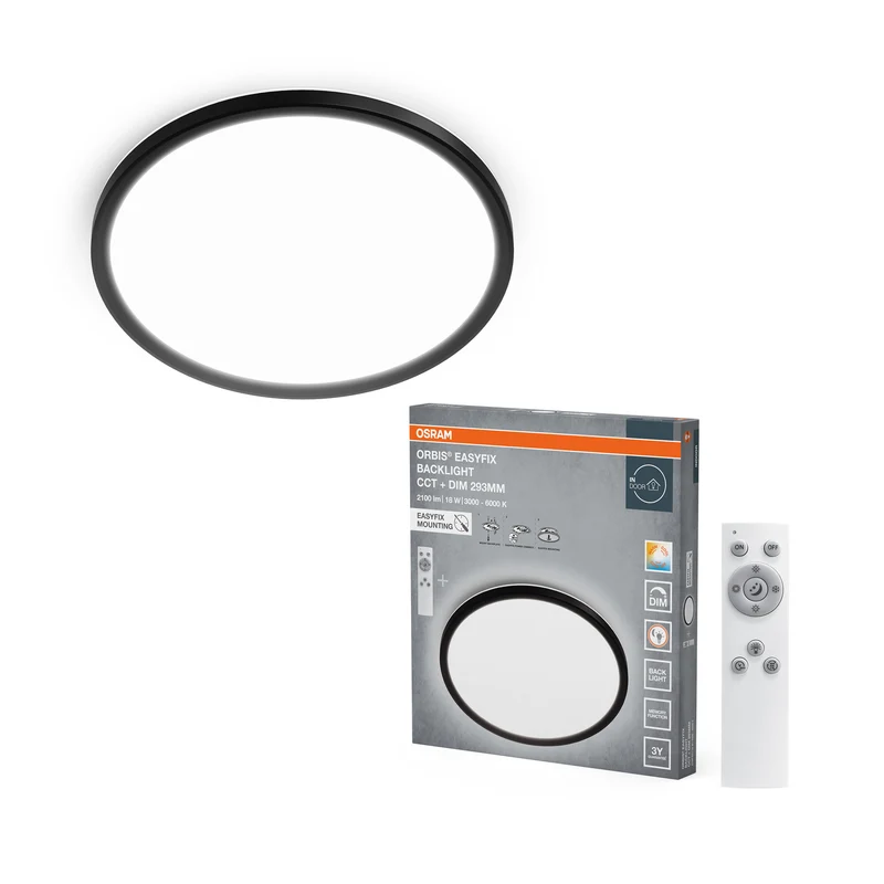 OSRAM ORBIS EASYFIX LED Backlight Deckenleuchte 29,3cm 18W CCT +DIM Fernbedienung, schwarz