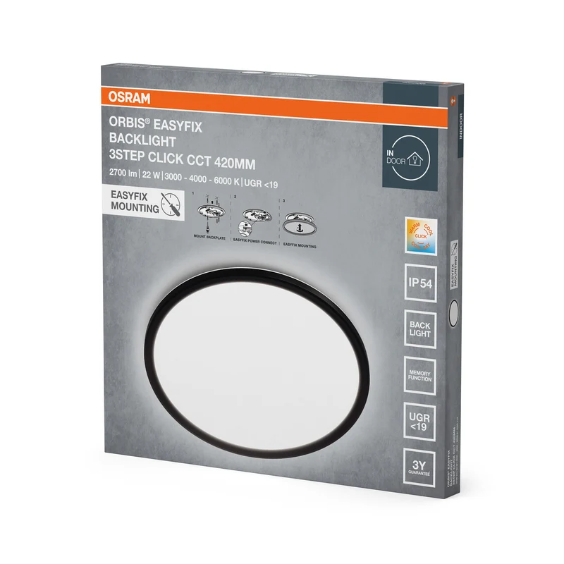 OSRAM ORBIS EASYFIX LED Backlight Deckenleuchte 42cm 22W 3Step Click CCT IP54, schwarz
