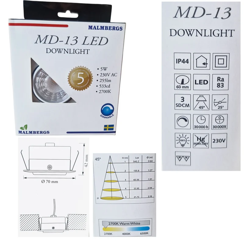 LED Einbaustrahler MD-13 weiß – 5 W, dimmbar, IP44, Ø 60 mm, ultra flach 42 mm, warmweiß 2700 K, inkl. Trafo | Malmbergs