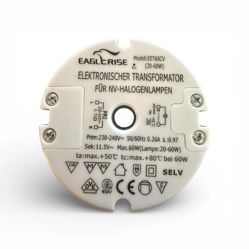 EAGLERISE EET60CV Elektronischer Transformator 20-60W 11,5V NV Halogen Trafo rund 230-240V SELV