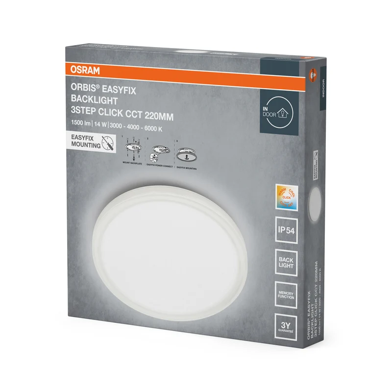 OSRAM ORBIS EASYFIX LED Backlight Deckenleuchte 22cm 14W 3Step Click CCT IP54, weiß