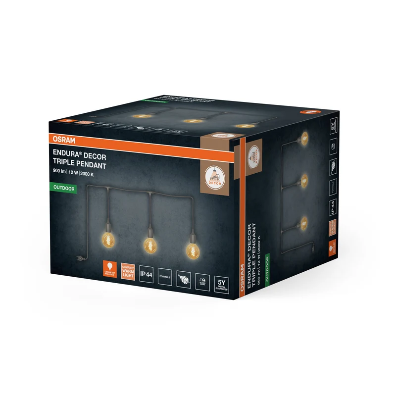 OSRAM Außenpendelleuchte Lichterkette Grau, 7 m Kabellänge, E27, 4W, 3x2000K, Warmweiß