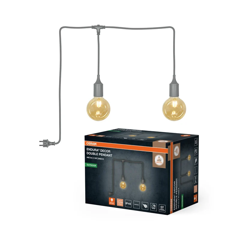OSRAM Außenpendelleuchte Lichterkette Grau, 6 m Kabellänge, E27, 2.5W, 2x2400K, Warmweiß
