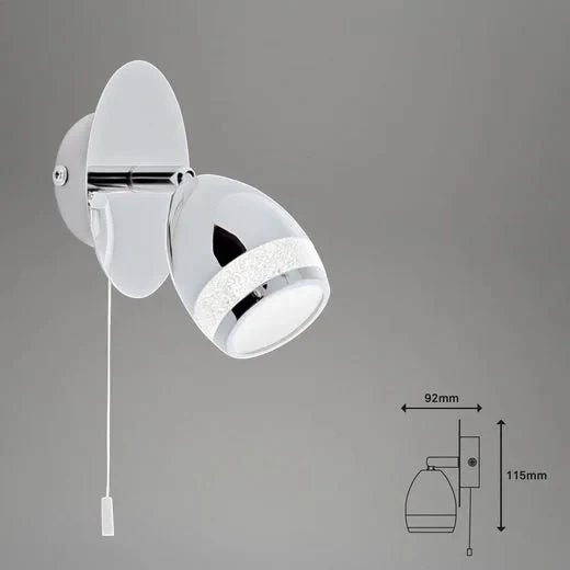 LED Wandlampe mit Zugschalter Chrom IP44 – schwenkbare Leselampe 4W 4000K mit Glitzerrand