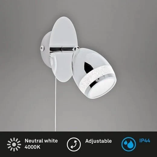 LED Wandlampe mit Zugschalter Chrom IP44 – schwenkbare Leselampe 4W 4000K mit Glitzerrand