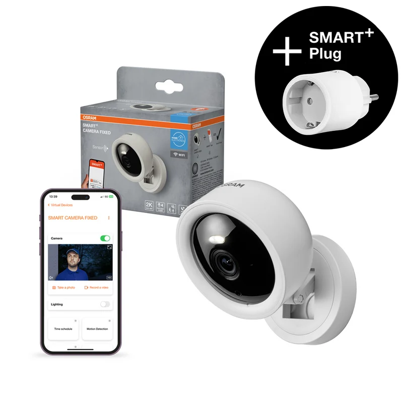 AKTION - OSRAM Wifi SMART+ Smarte Indoor Überwachungskamera zur Wandmontage Weiß inkl. Gratis Smart Plug
