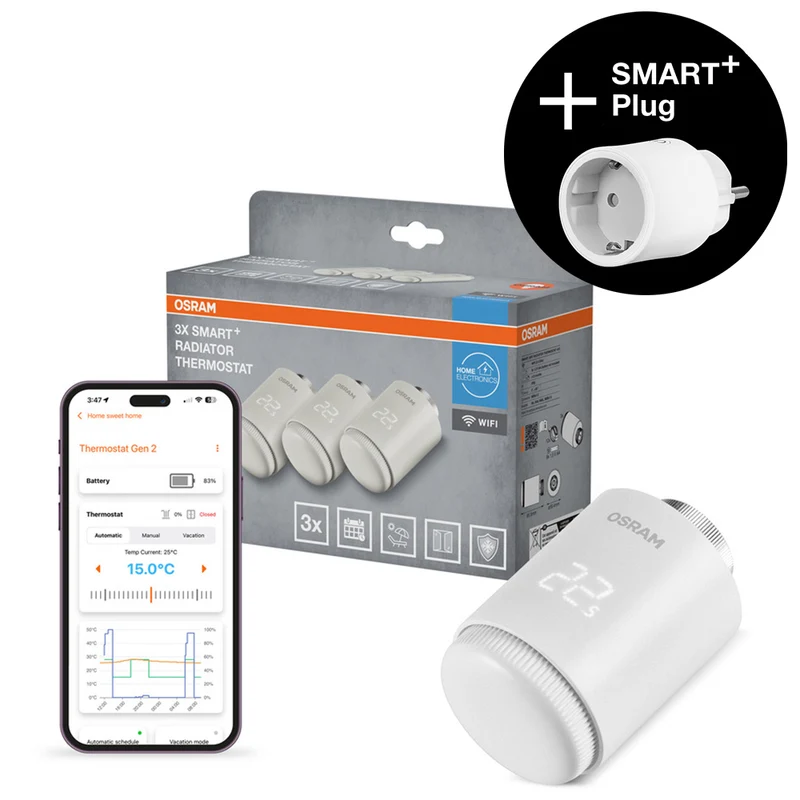 AKTION - OSRAM SMART+ WIFI smarter Heizungsthermostat, 4.5V, Weiß, 3er Pack, 2. Gen. inkl. Gratis SMART+ Plug