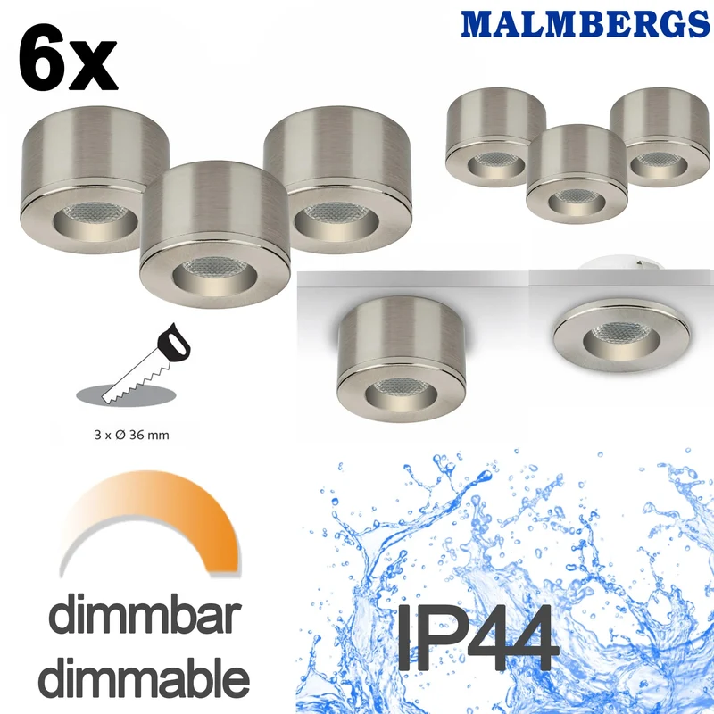 Malmbergs MD-29 LED Kit Satin – 6er Set Mini LED Spots – Dimmbar – Einbau & Aufbau – IP44 – 36mm