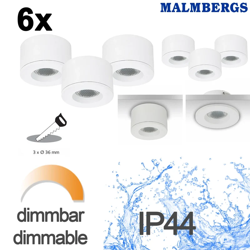 6er Set LED Einbaustrahler Weiß – dimmbar – IP44 – Malmbergs MD-29 – Einbau & Aufbau – ultra flach