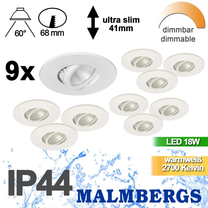 9er-Set LED Einbaustrahler MD-350 – dimmbar, schwenkbar, IP44, warmweiß 2700 K, weiß von Malmbergs