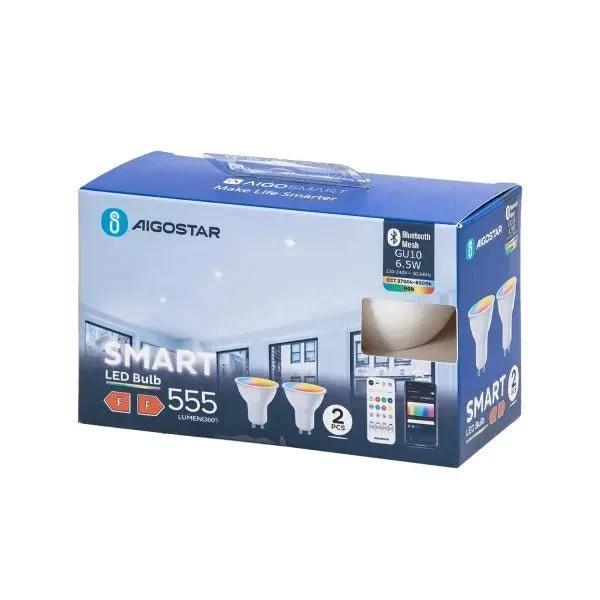 Smart GU10 LED RGB+CCT 6.5W (2er-Set) mit Fernbedienung & Bluetooth Mesh – dimmbar, App & Sprachsteuerung, 555lm