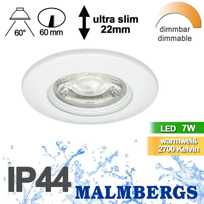 LED Einbaustrahler MD-99 – 7 W, dimmbar, IP44, Ø 60 mm, ultra flach 22 mm, warmweiß 2700 K, inkl. Trafo | Malmbergs