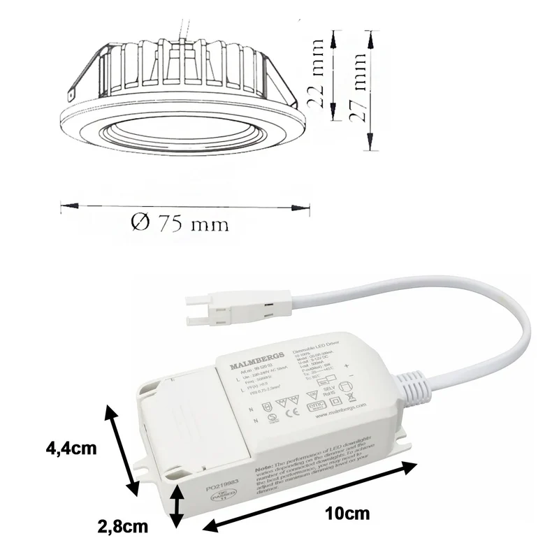 LED Einbaustrahler MD-99 – 7 W, dimmbar, IP44, Ø 60 mm, ultra flach 22 mm, warmweiß 2700 K, inkl. Trafo | Malmbergs