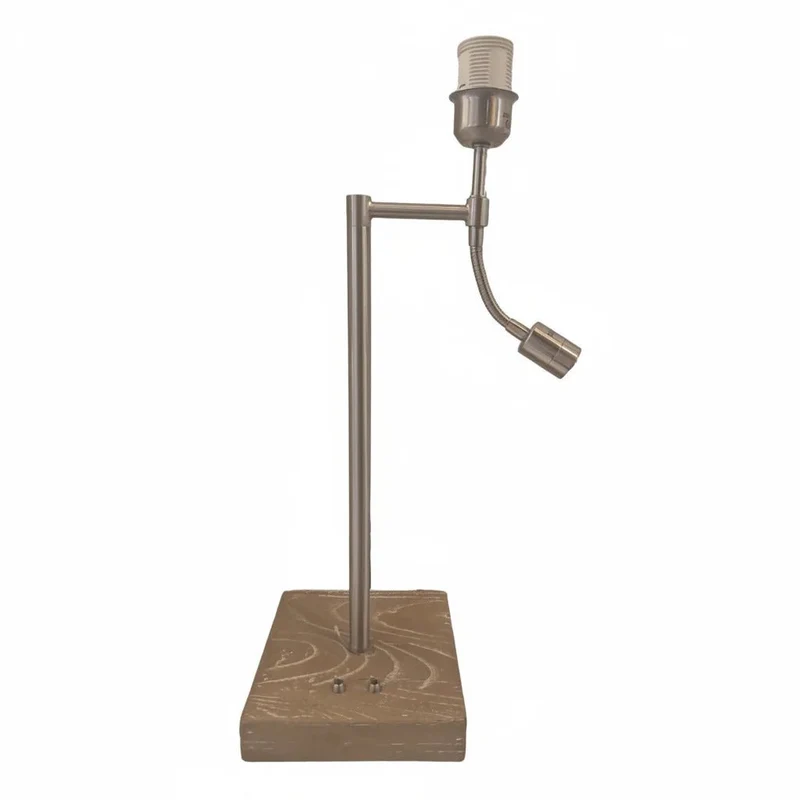 Design Lampenfuß Tischlampe mit LED-Lesearm – rustikales Holz, 2 Schalter