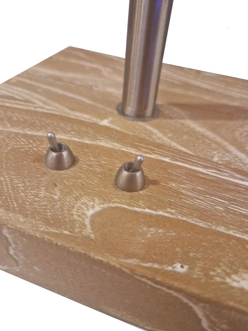 Design Lampenfuß Tischlampe mit LED-Lesearm – rustikales Holz, 2 Schalter