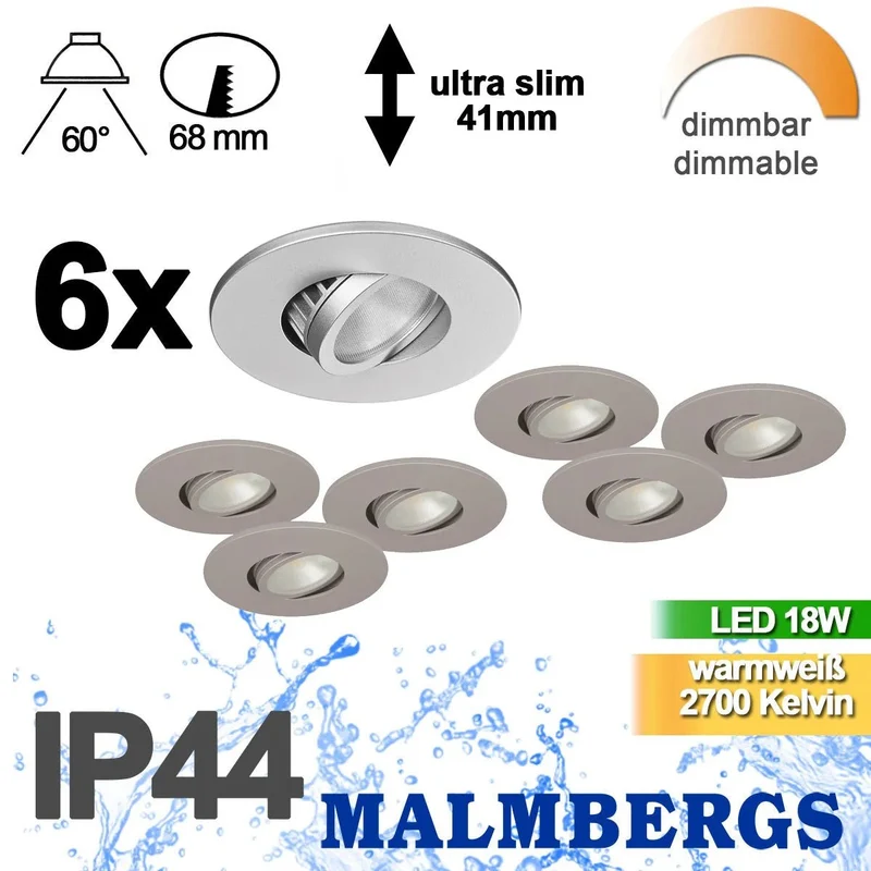 6er Set LED Einbaustrahler dimmbar & schwenkbar – Silber matt – IP44 – MD-350 Kit