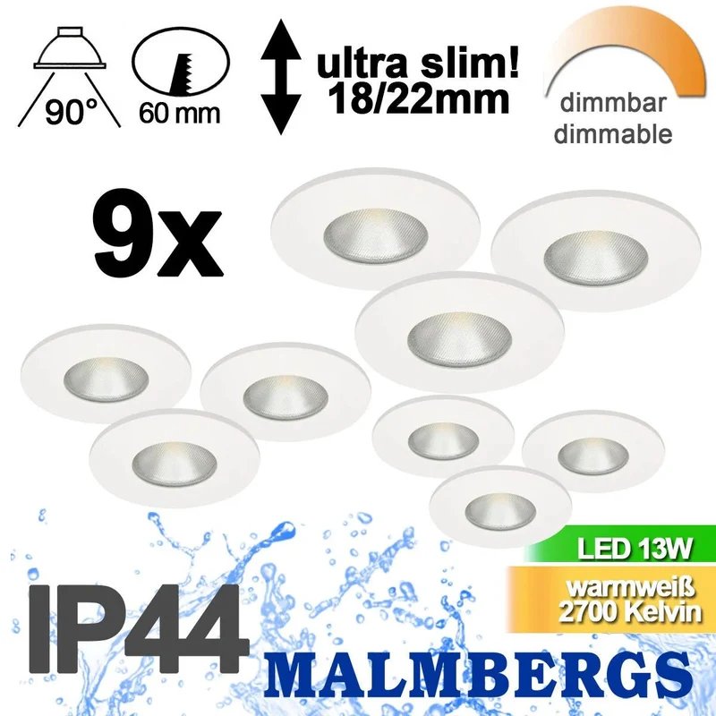 9er Set LED Einbaustrahler MD-315 dimmbar IP44 – Slim 60 mm, 230 V, Weiß
