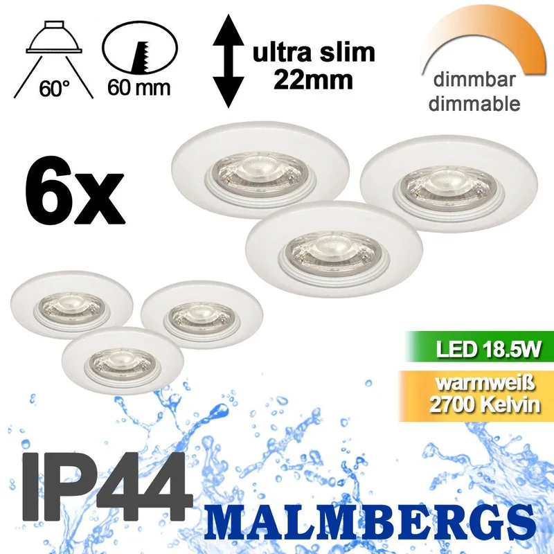 6er Set LED Einbaustrahler MD-99 – dimmbar, IP44, Ø 60 mm, ultra flach 22 mm, warmweiß 2700 K, weiß | Malmbergs