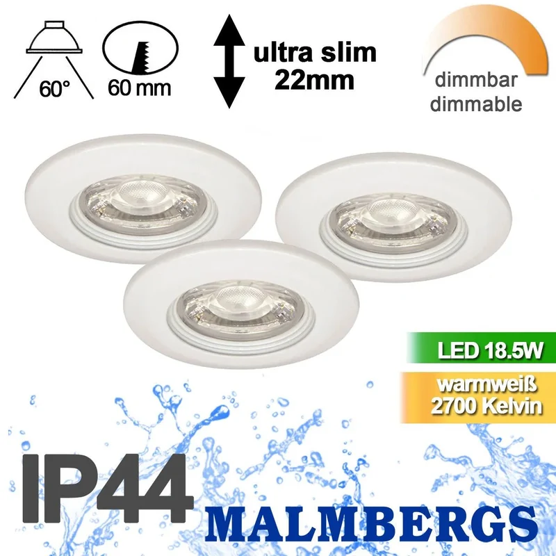 3er Set Malmbergs MD-99 LED Einbau Spots – Weiß – Dimmbar – IP44 – Ultra Flach 22mm – 60mm
