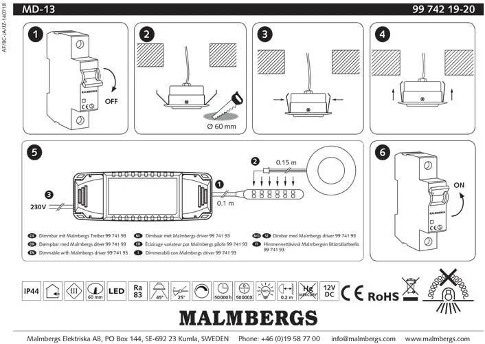 6er Set LED Einbaustrahler MD-13 – dimmbar, schwenkbar, IP44, weiß