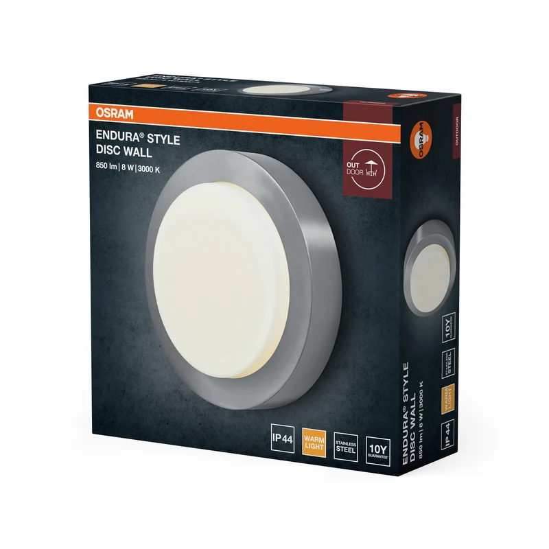 OSRAM ENDURA STYLE DISC Außenwandleuchte, runde LED-Wandleuchte in Edelstahl, indirektes Licht, warmweiß, 3000K, IP44, 8W